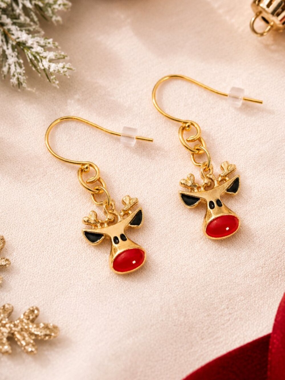 Rudolph Reindeer Dangle Earrings Gold Tone Red Nose Christmas